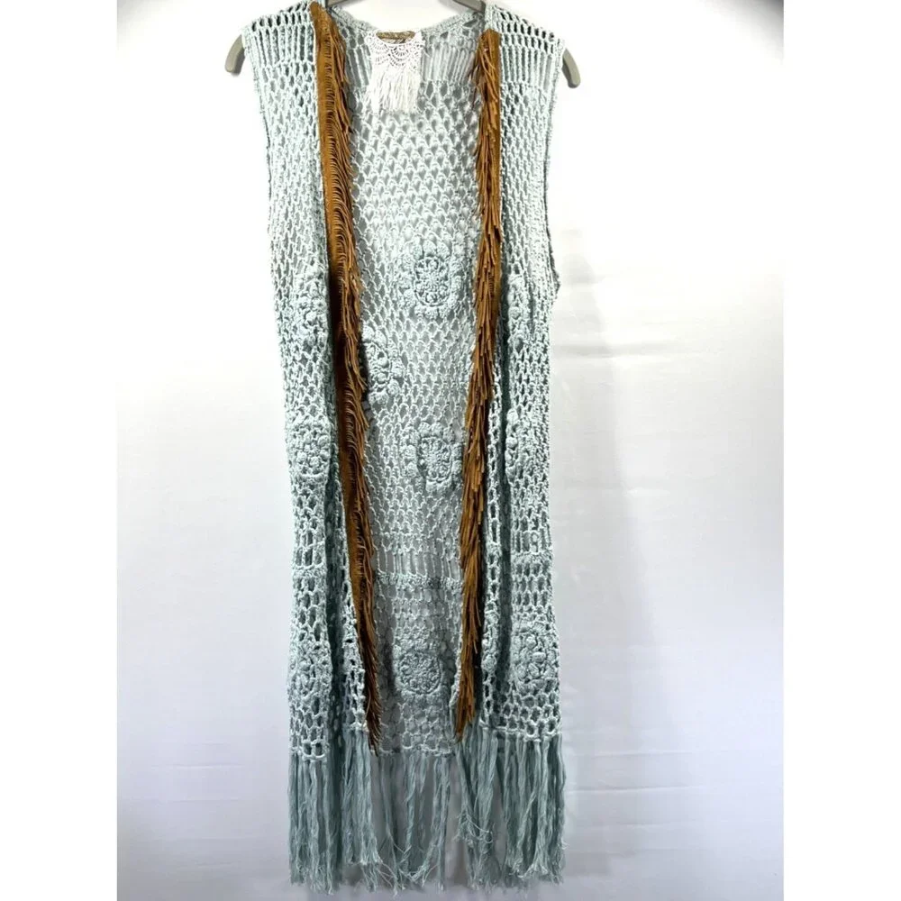Croched Womens Hippie Vest Small Mint Green‎ Brown Fringe Long Festival Stretch
